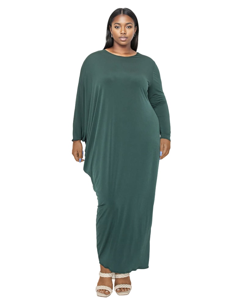 Front of a model wearing a size 2X Louella Asymmetrical Maxi Dress in Hunter Green by L I V D. | dia_product_style_image_id:339626
